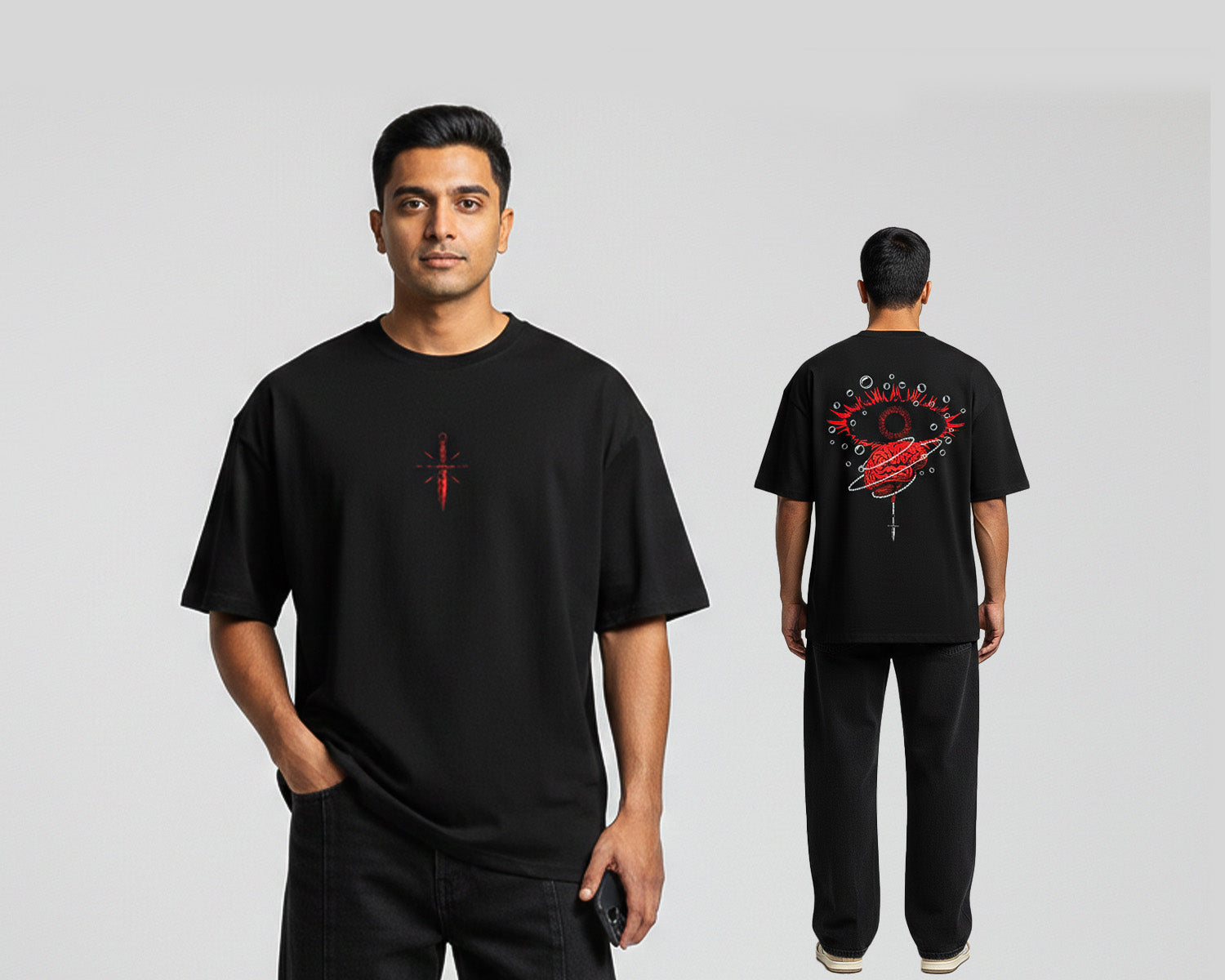 Model wearing black graphic oversized cotton T-shirt 260 GSM front and back view